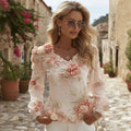 Women's Floral Embroidery Linen V-neck T-shirt elevenforest