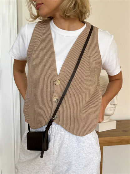 Tossy Knit V Neck Tank Top New Button Down Vest Sleeveless Slim Going Out Beach Holiday Tops for Lady