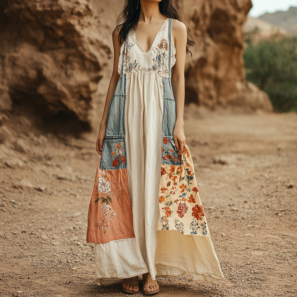 Women's Vintage Ethnic Floral Art V-neck Pocket Cotton And Linen Dress elevenforest