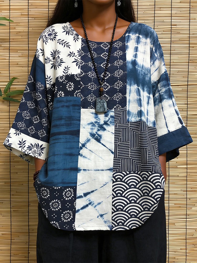 Japanese Elements Patchwork Pattern Cozy Linen Tunic elevenforest