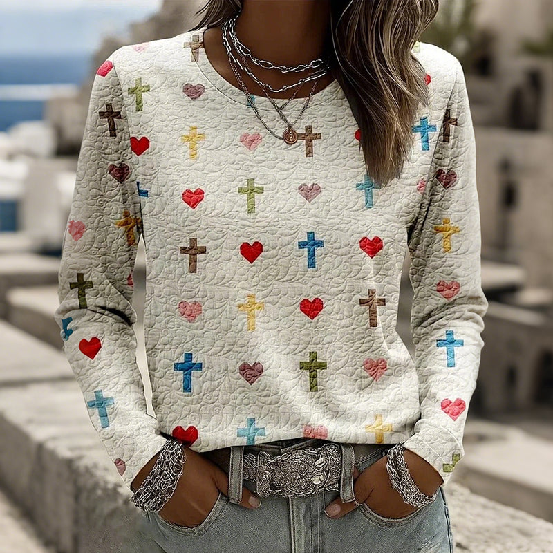 Women's Valentine's Day Heart Faith Cross Pattern Comfortable Boho Top elevenforest