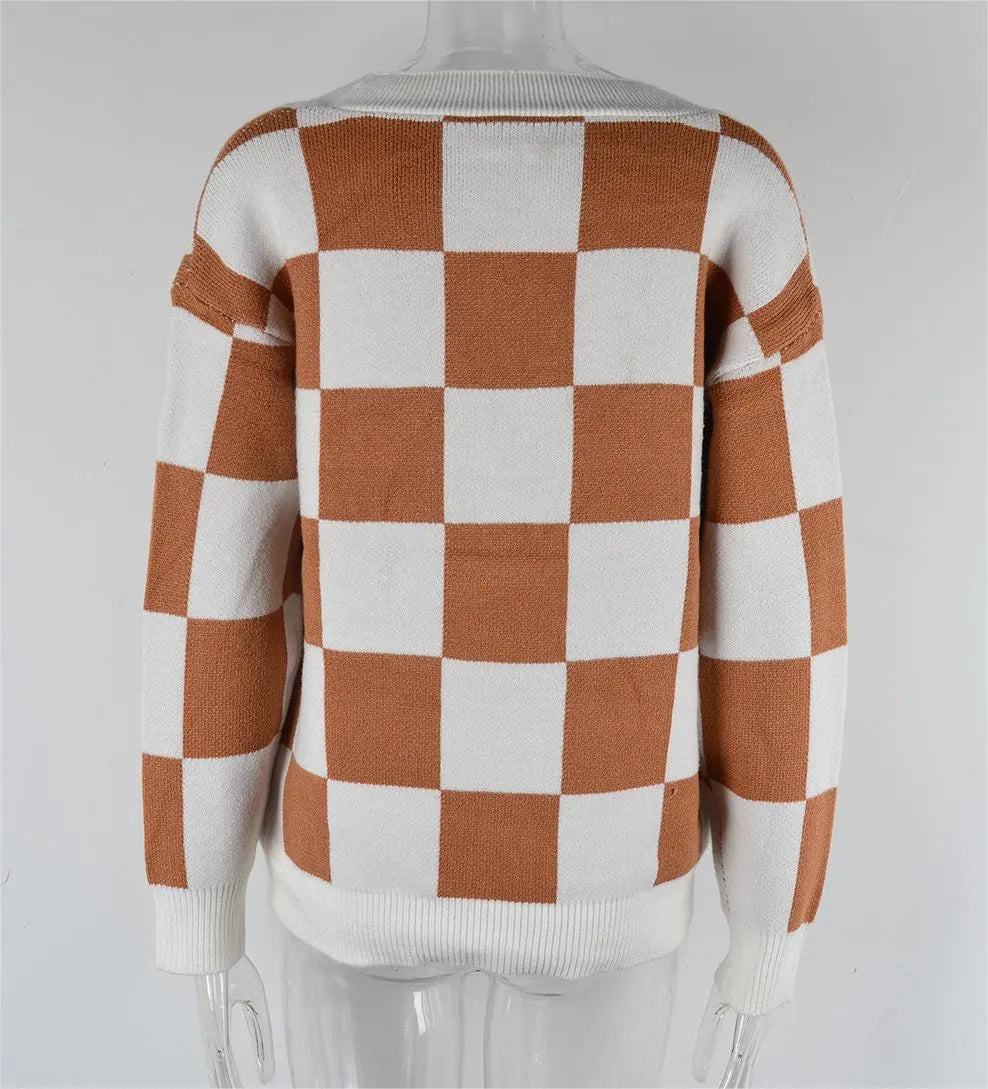 Autumn Winter Plaid Sweater Stitching Cardigan Top Knitted Coat Tide