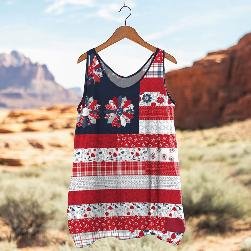 Women's Loose Independence Day American Beauty Flag Panel  Linen Sleeveless Tank Top elevenforest