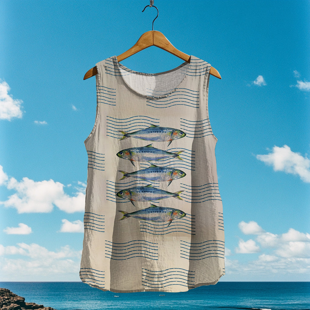 Women's Loose Sea Fish Linen Sleeveless Tank Top elevenforest