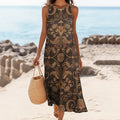 Women's Vintage Ethnic Floral Print Linen Blend Tank Midi Dress elevenforest