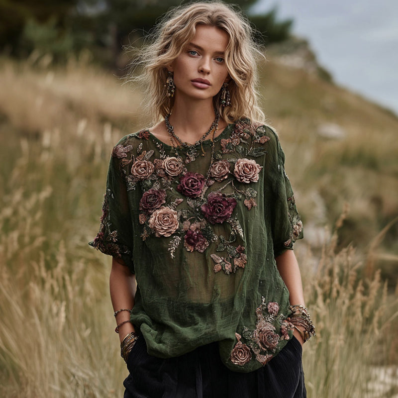 Women's Embroidered Floral Linen Crew Neck T-shirt elevenforest