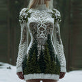 Comstylish Women's Christmas Tree Forest And Floral Celtic Knot Sequins Knit Turtleneck Mini Sweater Dress