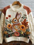 Fall Bunny Floral Embroidered Vintage Cozy Knit Sweater artswardrobe