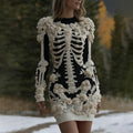 Women's Halloween Skeleton Bones With Rose Art Cozy Knit Mini Sweater Dress elevenforest