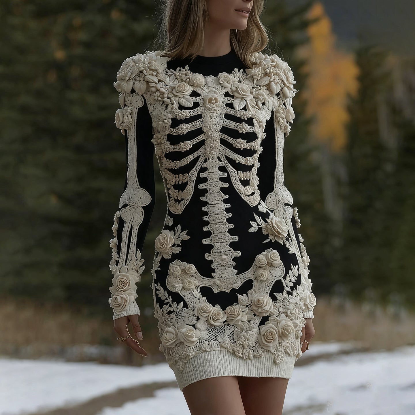 Women's Halloween Skeleton Bones With Rose Art Cozy Knit Mini Sweater Dress artswardrobe