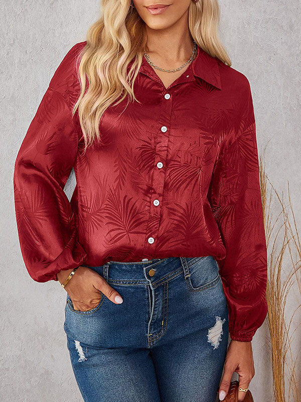 Loose Puff Sleeves Jacquard Split-joint Lapel Blouses