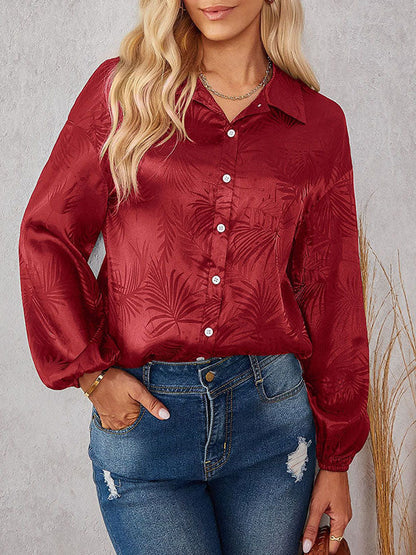 Loose Puff Sleeves Jacquard Split-joint Lapel Blouses