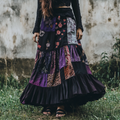 Women's Boho Flowers Patchwork Art Linen Blend Skirt elevenforest
