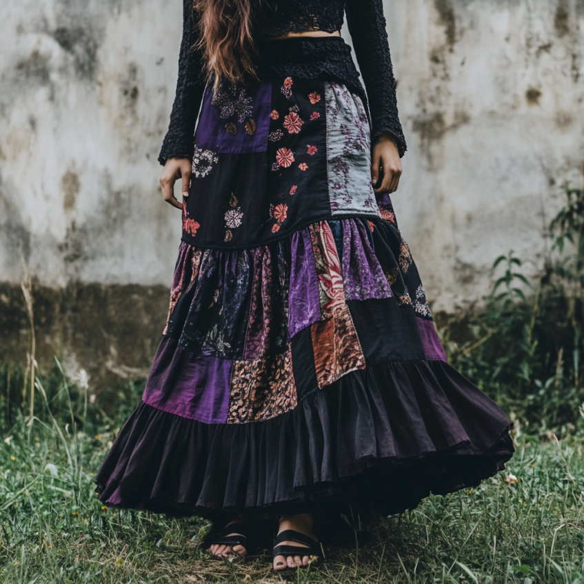 Women's Boho Flowers Patchwork Art Linen Blend Skirt elevenforest