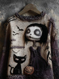Comstylish Halloween Gothic Girl & Black Cat Knit Art Cozy Sweater