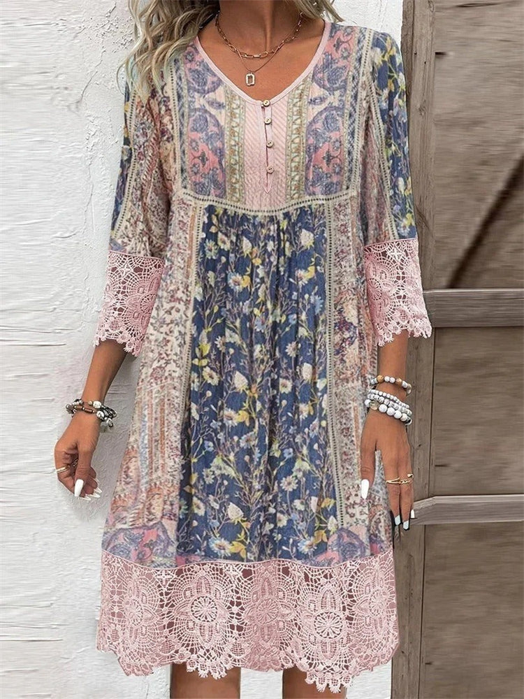 Vintage Ethnic Floral Lace Hem Ladies V-Neck Dress elevenforest