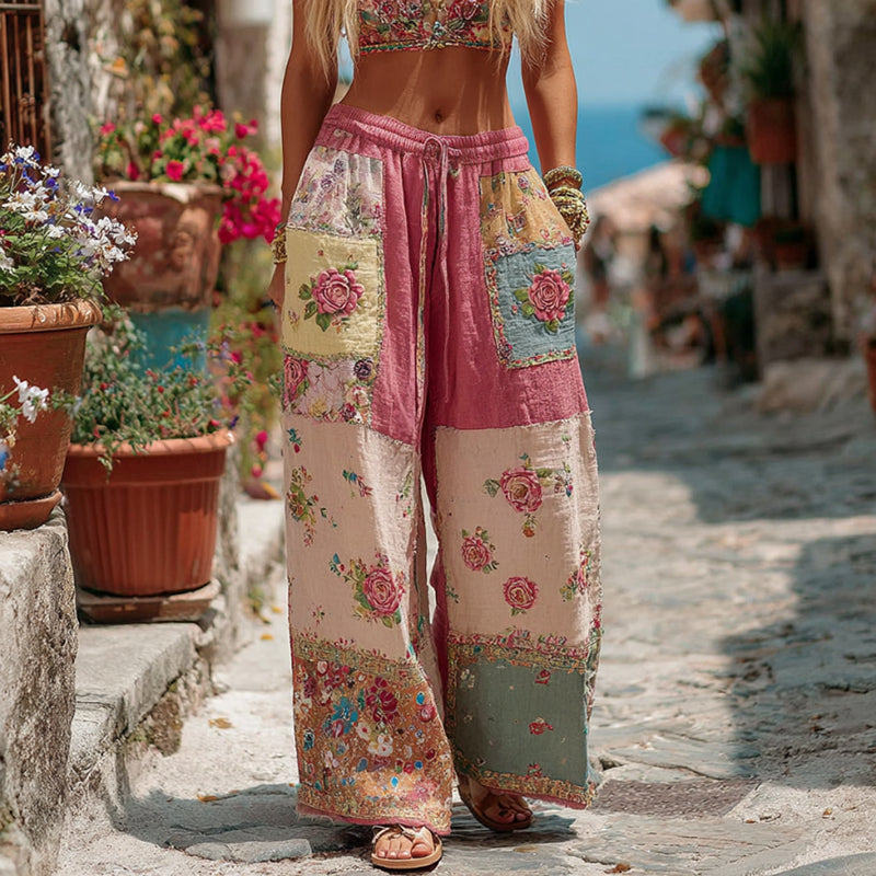 Vintage Retro Rose And Floral Patchwork Art Linen Pants elevenforest
