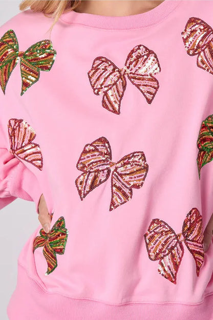 Christmas Bow Sequin Loose Long Sleeve Sweatshirt