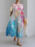 Comstylish Vintage Oil Painting Floral Women's Short Sleeve Linen Maxi Dress