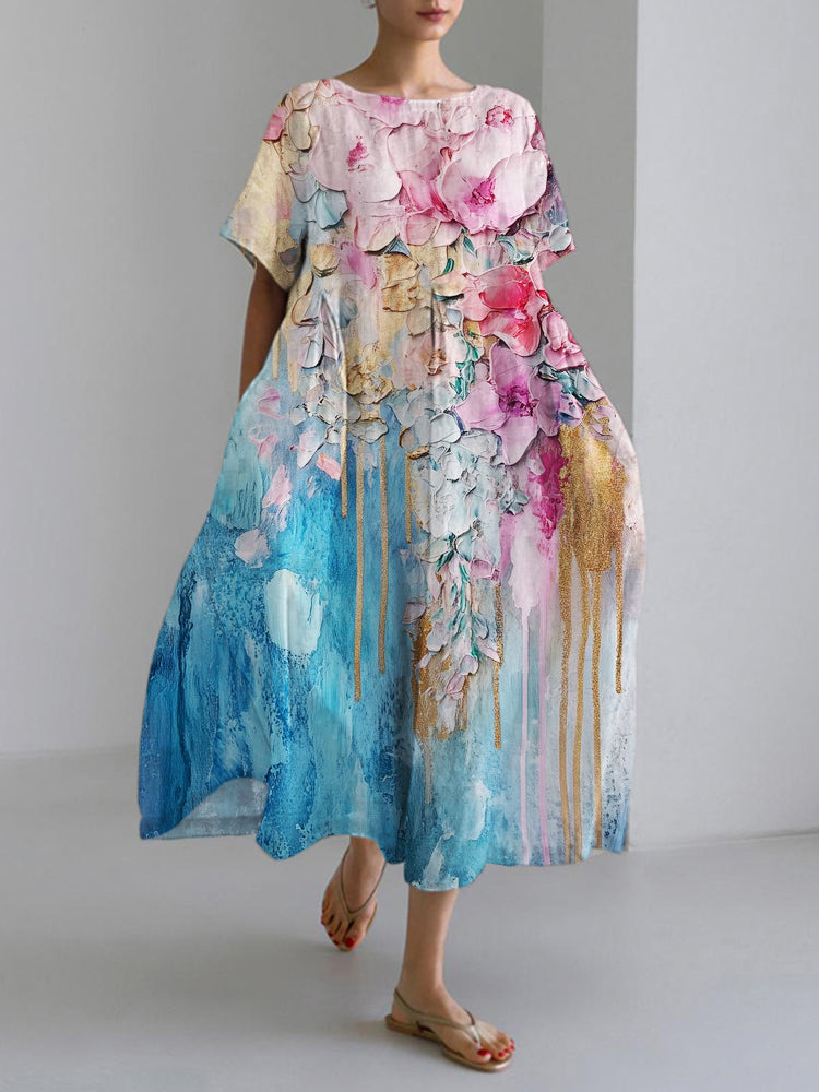 Comstylish Vintage Oil Painting Floral Women's Short Sleeve Linen Maxi Dress