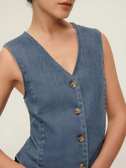 V-neck Piping Button Denim Vest