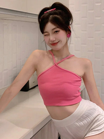 Hanging Neck Vest Camisole Tube Top Sleeveless Slim Short Tank Top Corset Top