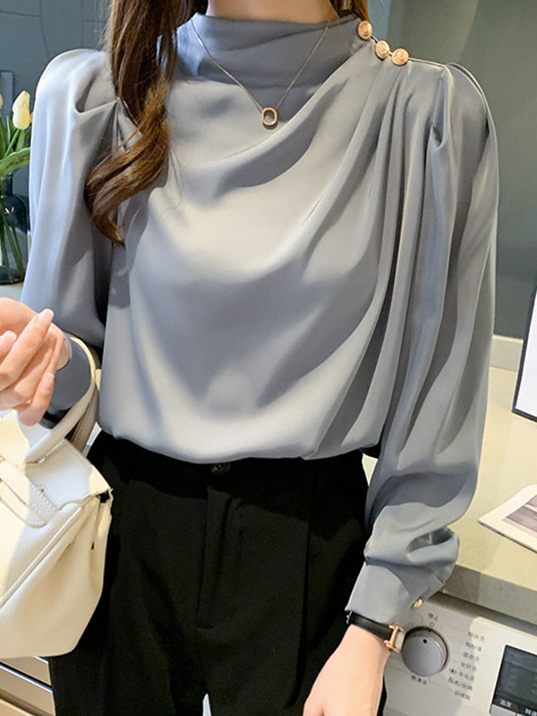Loose Puff Sleeves Pleated Split-joint High Neck Blouses&shirts Tops