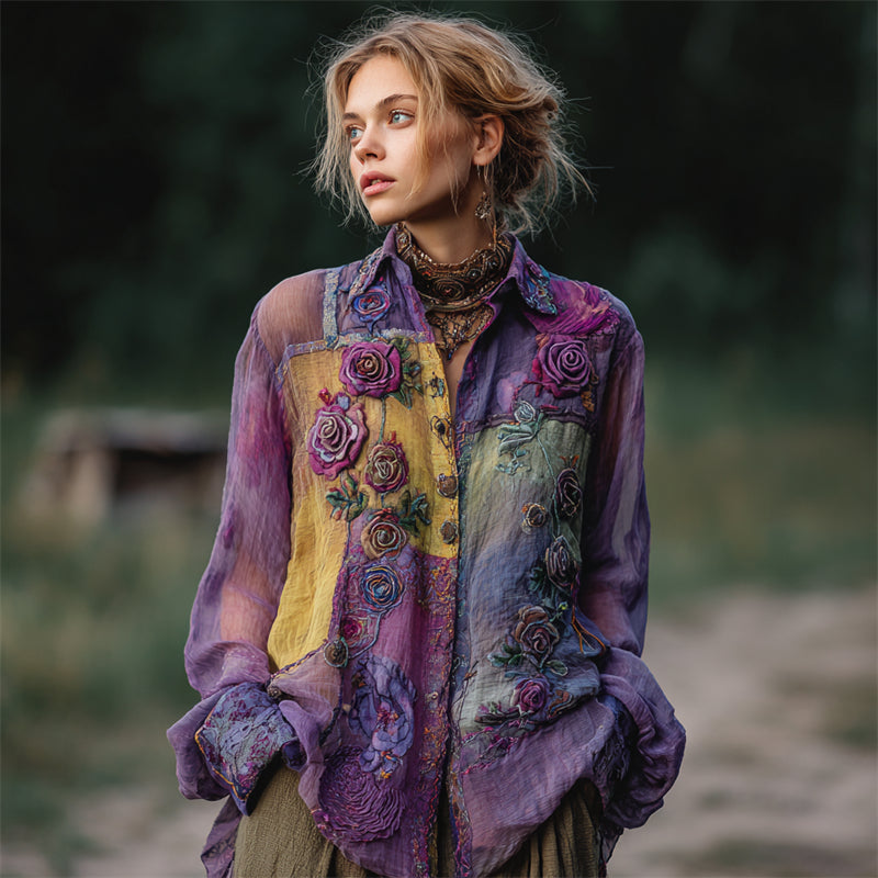 Vintage Roses Embroidered Colorblock Stitched Flowy Linen Blouse elevenforest