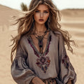 Boho Floral Embroidery Art Cotton Blend Blouse elevenforest