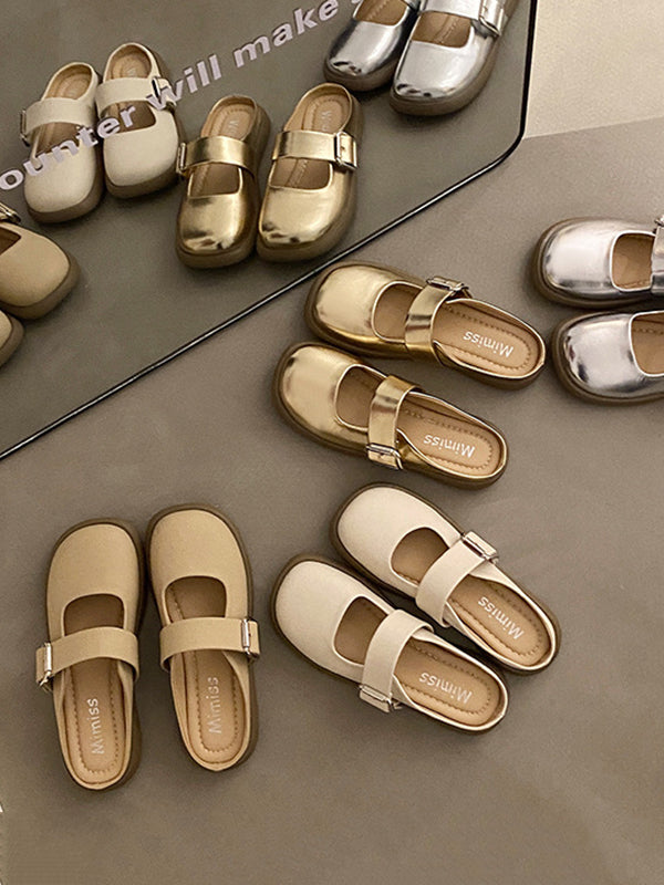 Belt Buckle Round-toe Shallow Cut Split-joint Platform Shoes Slippers&mules