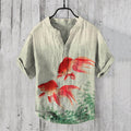 Men's Vintage Japanese Art Goldfish Seaweed V Neck Casual Linen Blend Shirt elevenforest