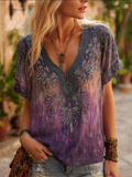 Women's V-neck Tie-dye Plant Flower Pattern Cotton And Linen Short-sleeved Shirt elevenforest