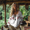 Retro Bohemian Resort Floral Rose Pattern Art Embroidery Cotton And Linen Blend Loose Blouse elevenforest