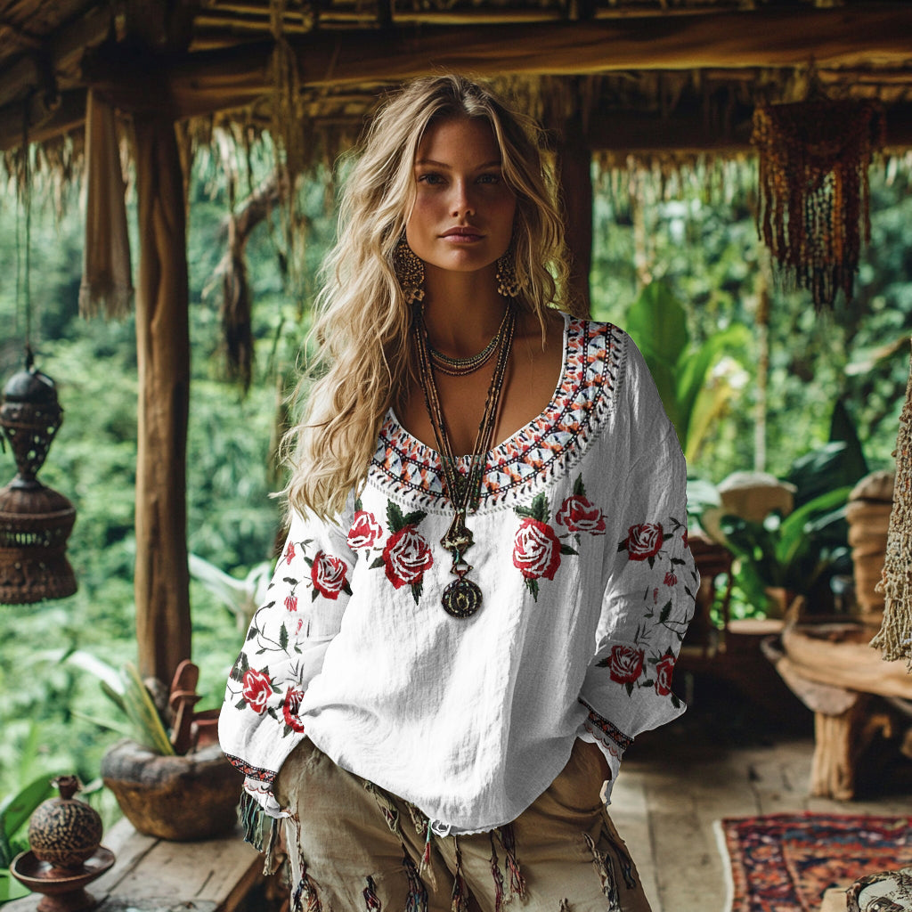 Retro Bohemian Resort Floral Rose Pattern Art Embroidery Cotton And Linen Blend Loose Blouse elevenforest