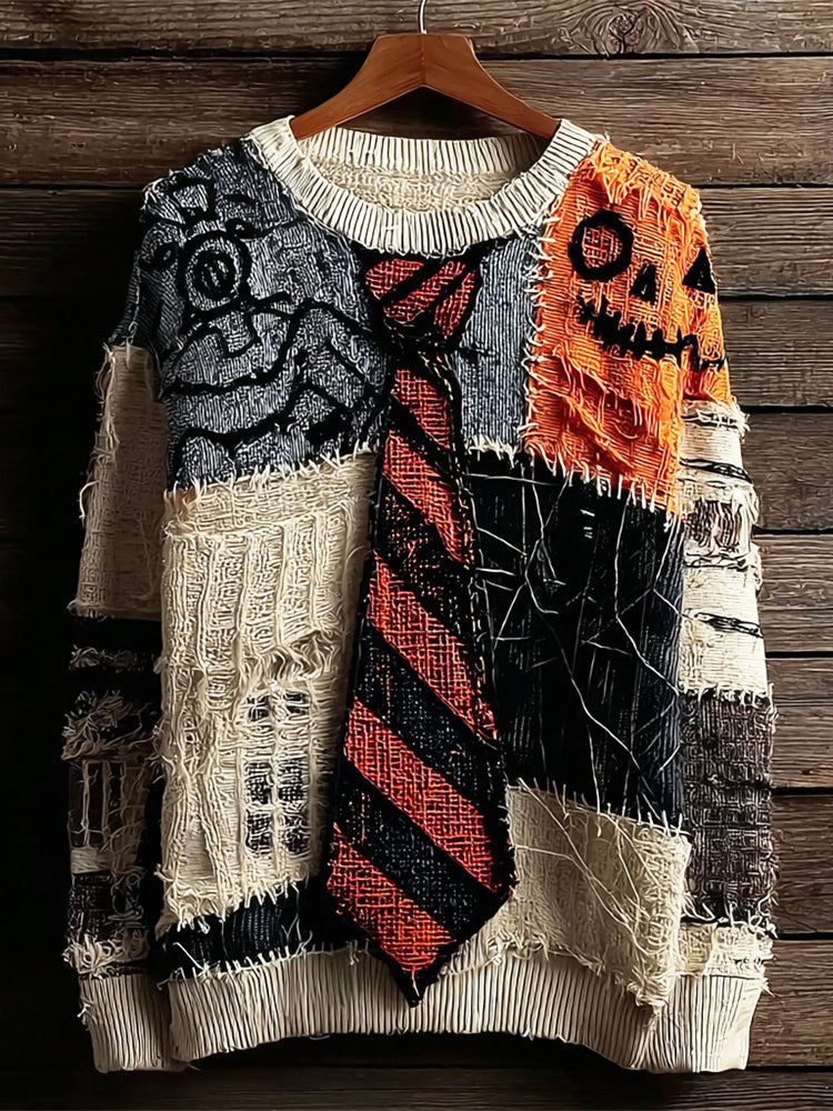Halloween Embroidered Tie Patchwork Women's Knit Crewneck Sweater artswardrobe