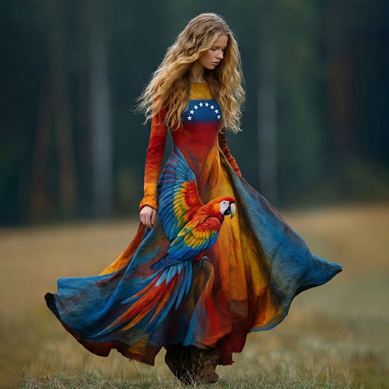 Women's Venezuelan Macaw Gradient Round Neck Long Sleeve Midi Dress elevenforest