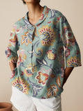 Women's Floral Art  Print Casual Linen Cotton 3/4 Sleeve Shirt