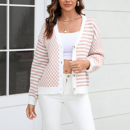 Autumn Winter Knitted Plaid Stitching Striped Cardigan Coat Sweater
