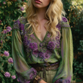 Vintage Purple Rose Embroidery Linen V Neck Long Sleeve Shirt elevenforest