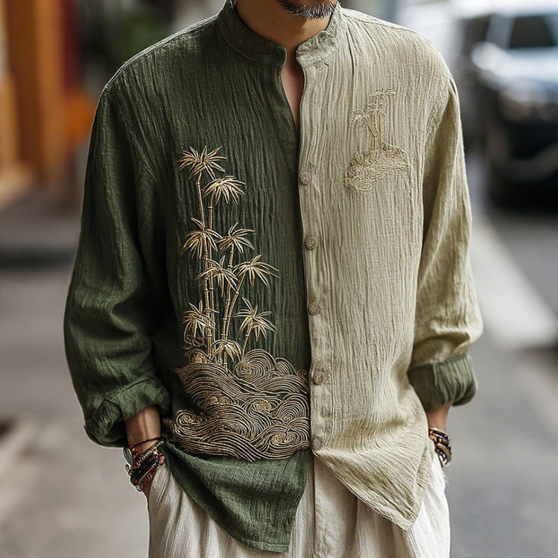 Men's Japanese-style Bamboo Waves Pattern Linen Blend Shirt elevenforest