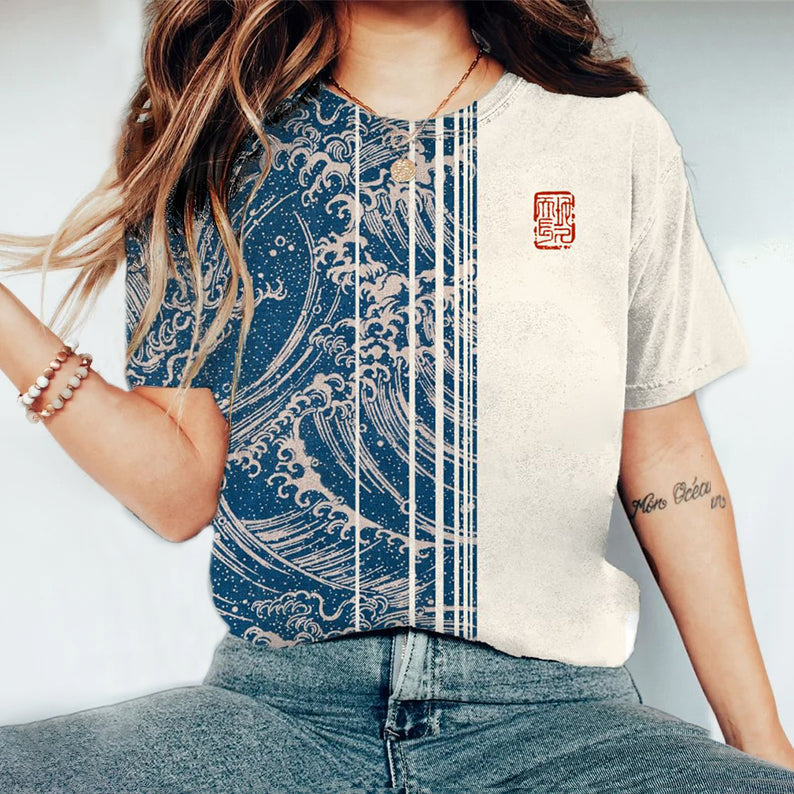 Vintage Sea Wave Art Pattern Print Color Block Short-Sleeved T-Shirt elevenforest