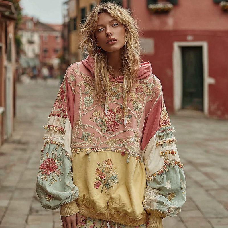 Women's Bohemian Floral Panel Embroidery Cozy Hoodie elevenforest