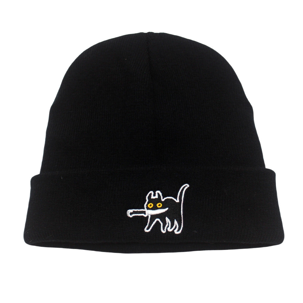 Cartoon Pattern Cat Embroidery Warm Knitted Hat