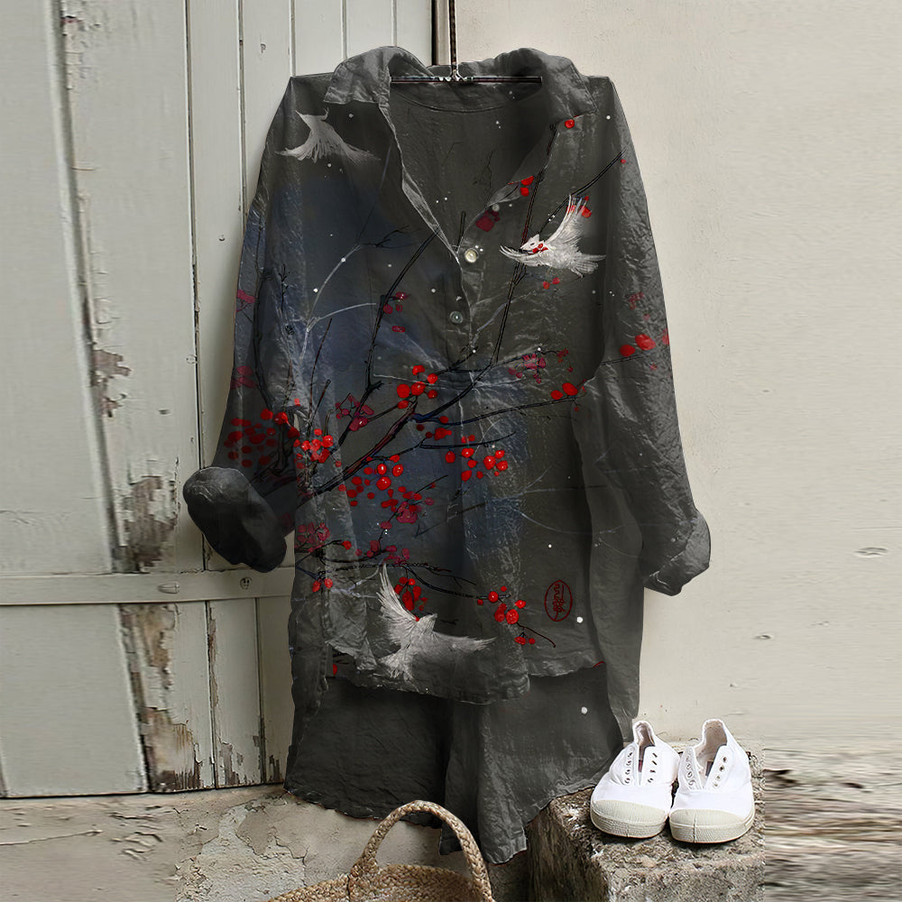 Women's Japanese Art Red Plum And Birds Linen Blend High Low Tunic elevenforest