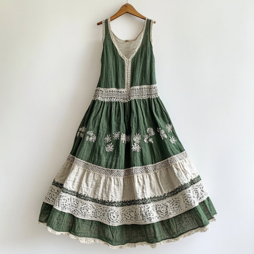 Vintage Lace Flowers Art Linen V Dress elevenforest