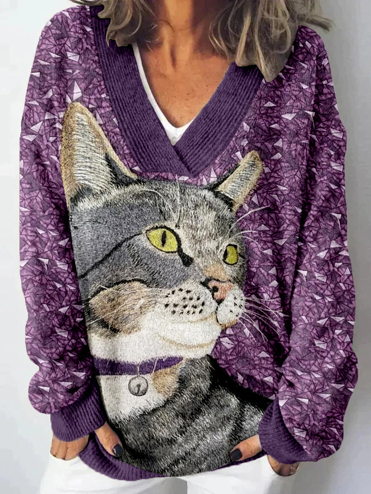 Lovely Cat Embroidered V Neck Cozy Knit Sweater elevenforest