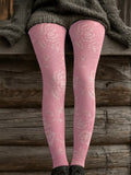Women's Retro Pink Awareness Flowers Print Leggings elevenforest