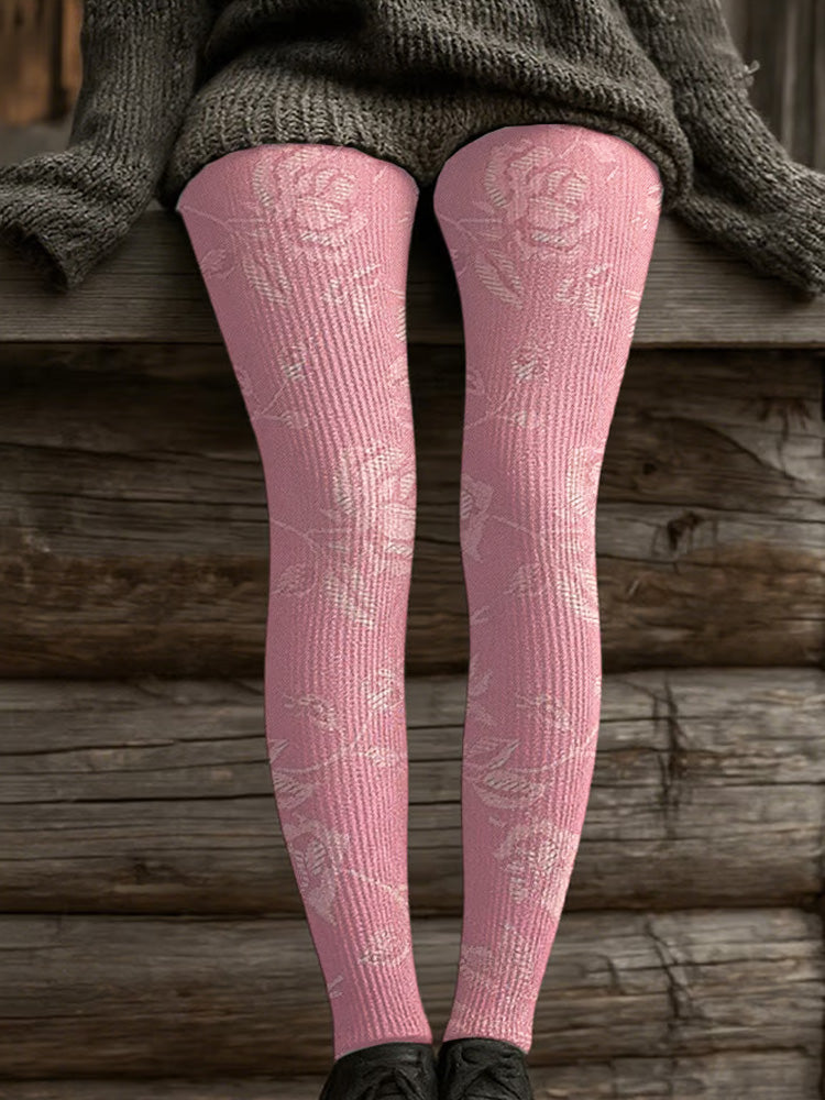 Women's Retro Pink Awareness Flowers Print Leggings elevenforest