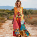 Women's Vintage Oil Painting Floral Art Color Block Linen Sleeveless Dress elevenforest