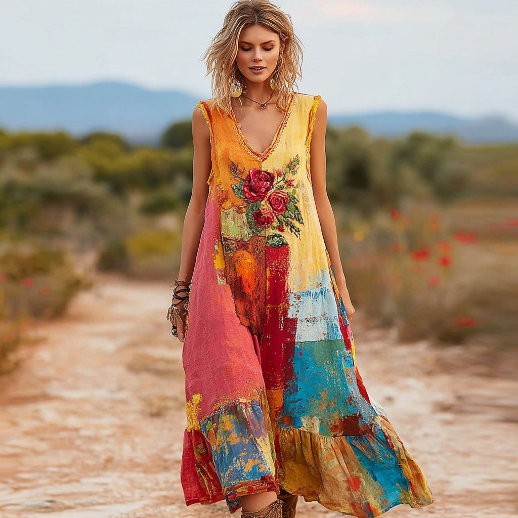 Women's Vintage Oil Painting Floral Art Color Block Linen Sleeveless Dress elevenforest